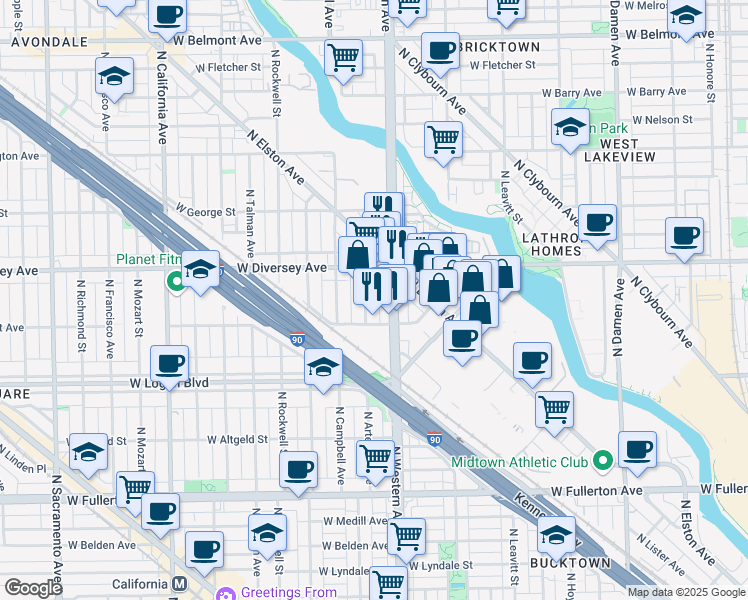 map of restaurants, bars, coffee shops, grocery stores, and more near 2720 North Western Avenue in Chicago