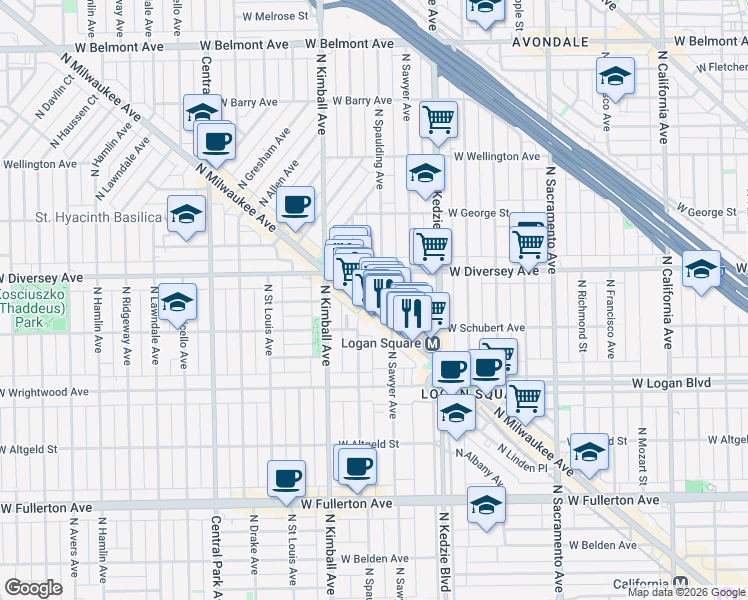 map of restaurants, bars, coffee shops, grocery stores, and more near 2716 North Sawyer Avenue in Chicago
