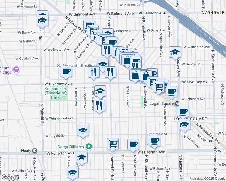 map of restaurants, bars, coffee shops, grocery stores, and more near 2729 North Central Park Avenue in Chicago