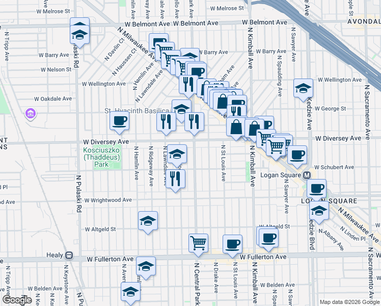 map of restaurants, bars, coffee shops, grocery stores, and more near 2729 North Central Park Avenue in Chicago