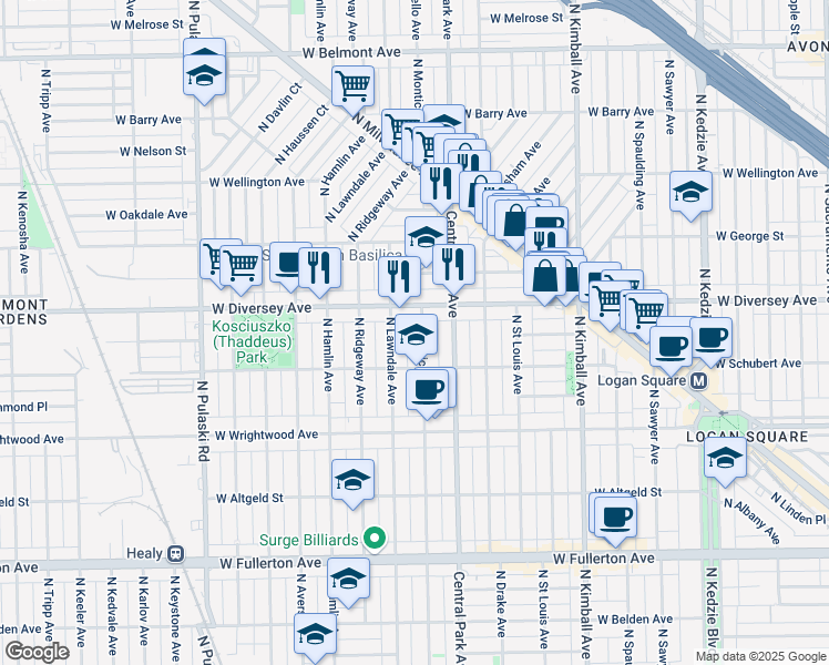 map of restaurants, bars, coffee shops, grocery stores, and more near 2728 North Monticello Avenue in Chicago