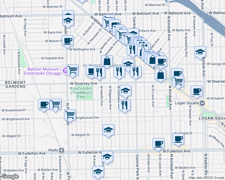 map of restaurants, bars, coffee shops, grocery stores, and more near 2730 North Lawndale Avenue in Chicago