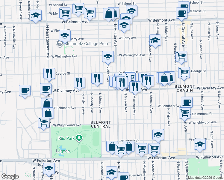 map of restaurants, bars, coffee shops, grocery stores, and more near 2755 North McVicker Avenue in Chicago