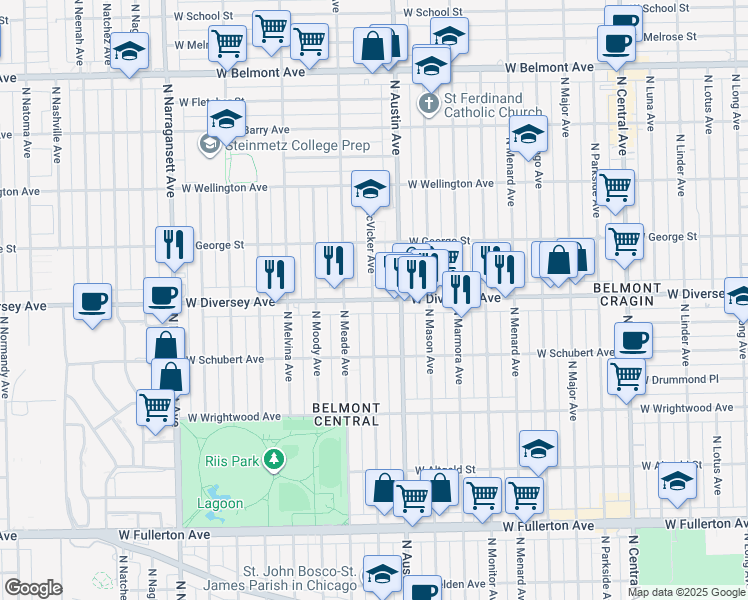 map of restaurants, bars, coffee shops, grocery stores, and more near 2755 North McVicker Avenue in Chicago