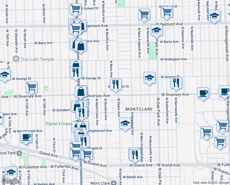 map of restaurants, bars, coffee shops, grocery stores, and more near 7000 West Diversey Avenue in Chicago