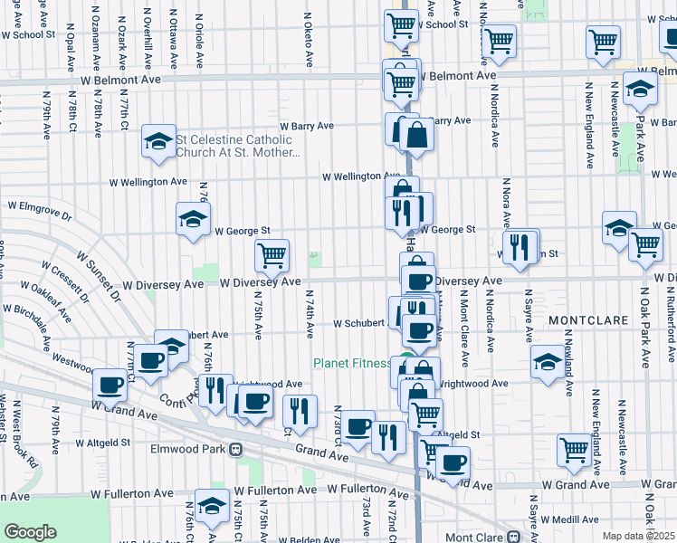 map of restaurants, bars, coffee shops, grocery stores, and more near 2801 North 73rd Court in Elmwood Park