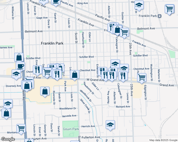 map of restaurants, bars, coffee shops, grocery stores, and more near 2850 Elder Lane in Franklin Park