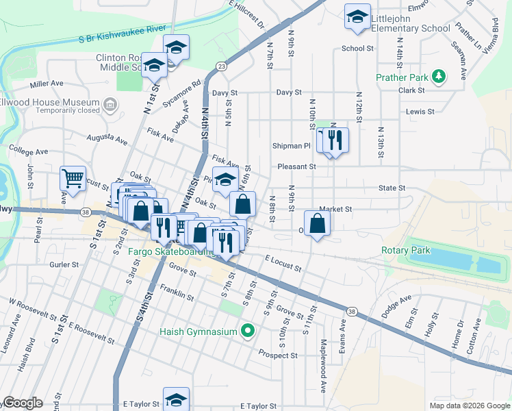 map of restaurants, bars, coffee shops, grocery stores, and more near 325 North 7th Street in DeKalb