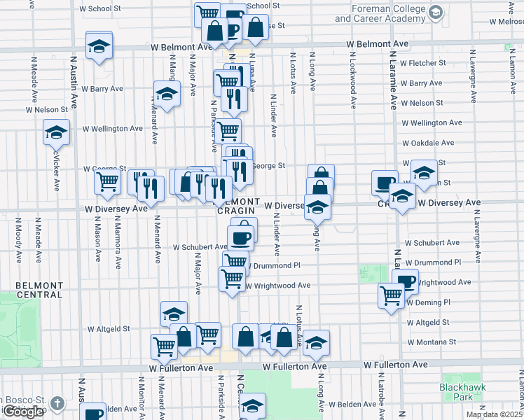 map of restaurants, bars, coffee shops, grocery stores, and more near 5525 West Diversey Avenue in Chicago