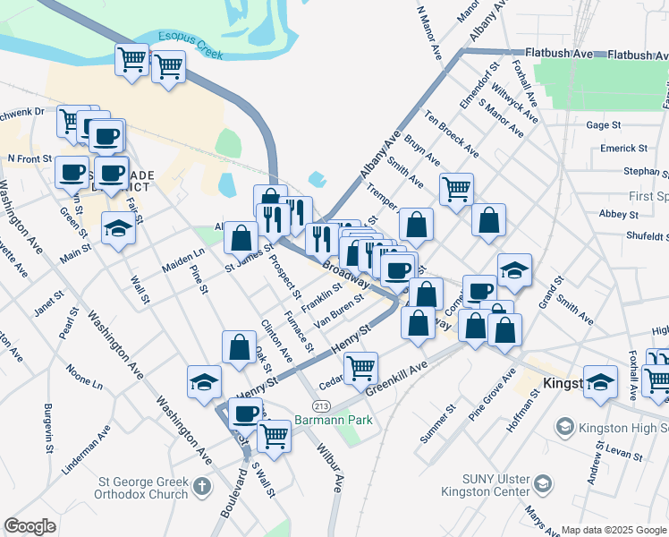 map of restaurants, bars, coffee shops, grocery stores, and more near Broadway & Elmendorf St in Kingston