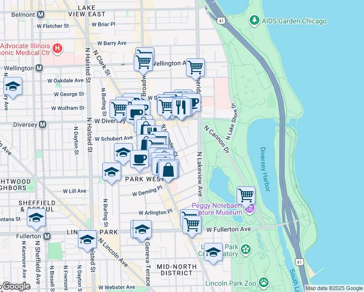 map of restaurants, bars, coffee shops, grocery stores, and more near 2700 North Pine Grove Avenue in Chicago