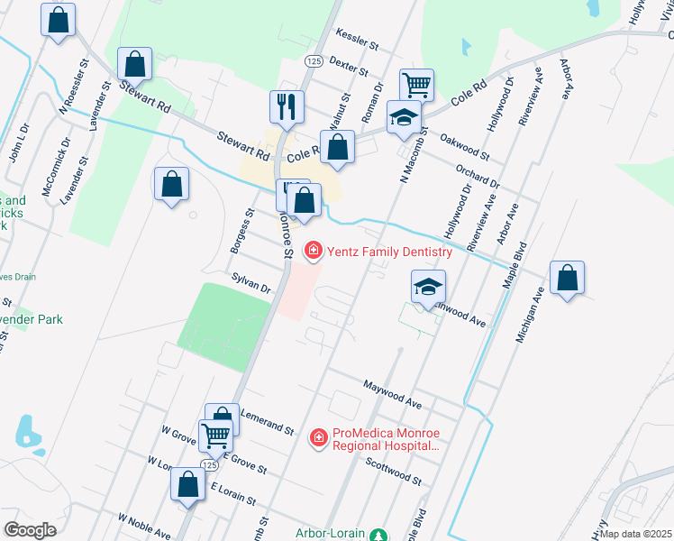 map of restaurants, bars, coffee shops, grocery stores, and more near 1201 North Macomb Street in Monroe