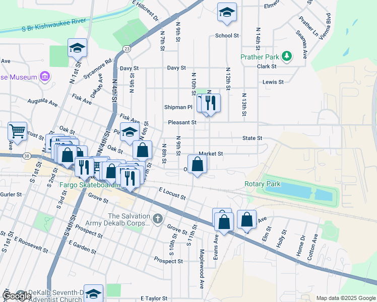 map of restaurants, bars, coffee shops, grocery stores, and more near 921 Market Street in DeKalb