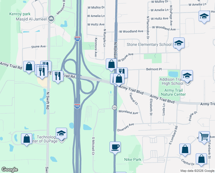 map of restaurants, bars, coffee shops, grocery stores, and more near 1845 Army Trail Road in Addison