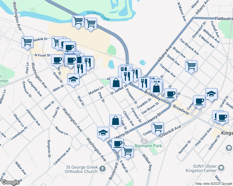 map of restaurants, bars, coffee shops, grocery stores, and more near 52 Saint James Street in Kingston