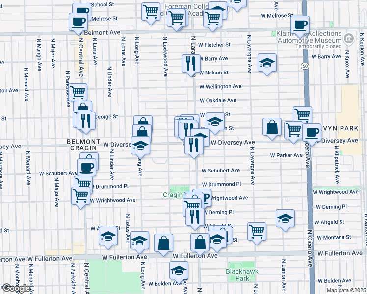 map of restaurants, bars, coffee shops, grocery stores, and more near 5225 W Diversey Ave in Chicago