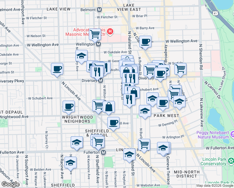 map of restaurants, bars, coffee shops, grocery stores, and more near 2701 North Mildred Avenue in Chicago