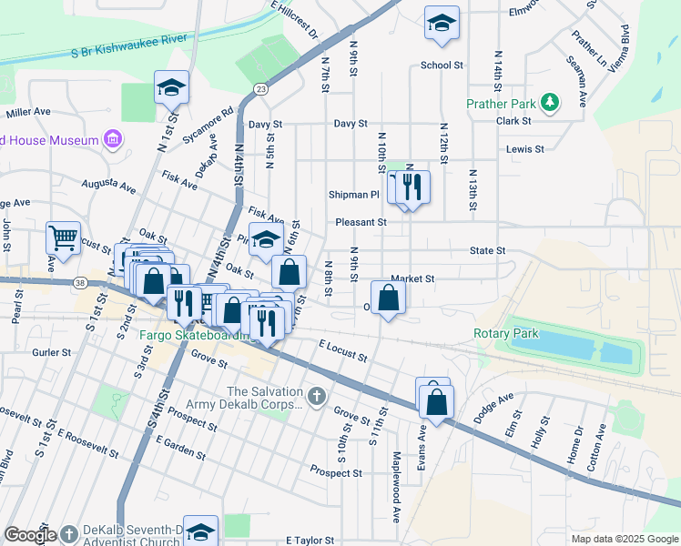 map of restaurants, bars, coffee shops, grocery stores, and more near 813 Market Street in DeKalb