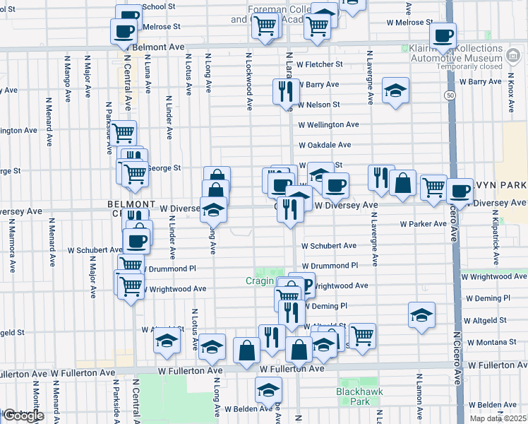 map of restaurants, bars, coffee shops, grocery stores, and more near 5225 West Diversey Avenue in Chicago