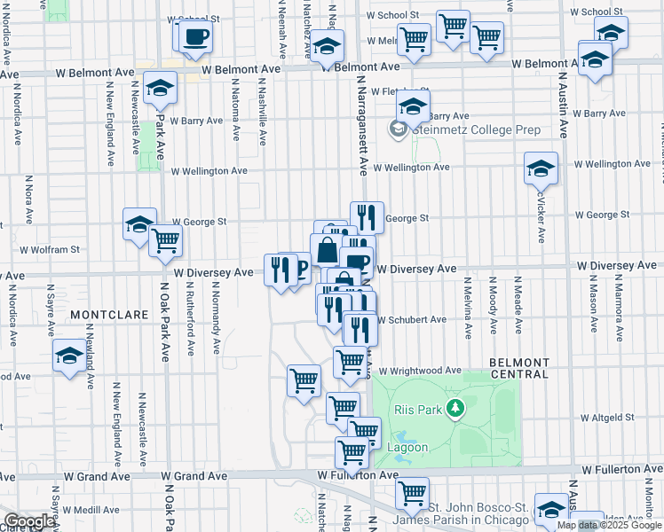 map of restaurants, bars, coffee shops, grocery stores, and more near 6444 West Diversey Avenue in Chicago