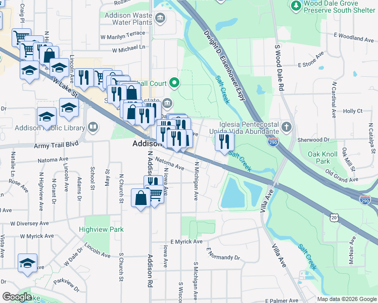 map of restaurants, bars, coffee shops, grocery stores, and more near 120 E Lake St in Addison