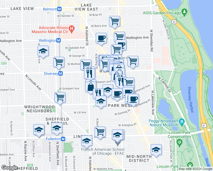 map of restaurants, bars, coffee shops, grocery stores, and more near 2671 North Orchard Street in Chicago