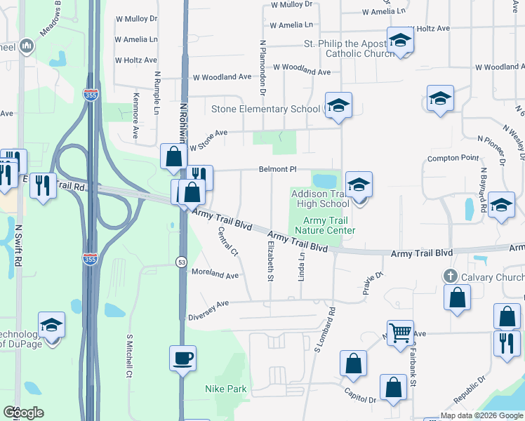 map of restaurants, bars, coffee shops, grocery stores, and more near 3N650 Elizabeth Street in Addison