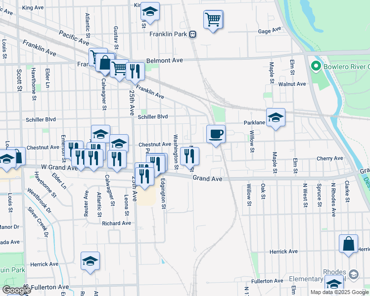 map of restaurants, bars, coffee shops, grocery stores, and more near 9407 Chestnut Avenue in Franklin Park