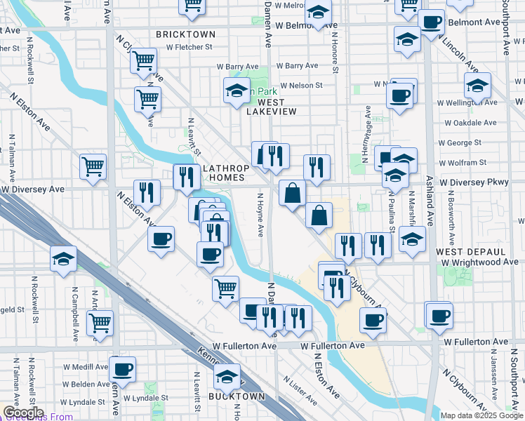 map of restaurants, bars, coffee shops, grocery stores, and more near 2737 North Hoyne Avenue in Chicago