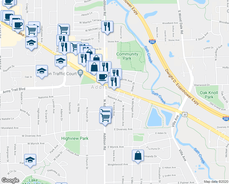 map of restaurants, bars, coffee shops, grocery stores, and more near 33 East Lake Street in Addison