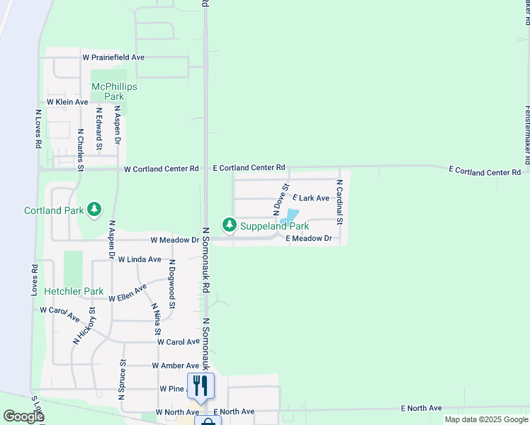 map of restaurants, bars, coffee shops, grocery stores, and more near 115 East Daisy Avenue in Cortland