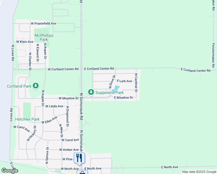 map of restaurants, bars, coffee shops, grocery stores, and more near 115 East Daisy Avenue in Cortland