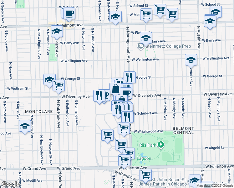map of restaurants, bars, coffee shops, grocery stores, and more near 6444 West Diversey Avenue in Chicago