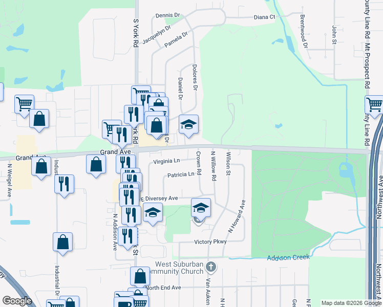 map of restaurants, bars, coffee shops, grocery stores, and more near 545 Crown Road in Elmhurst