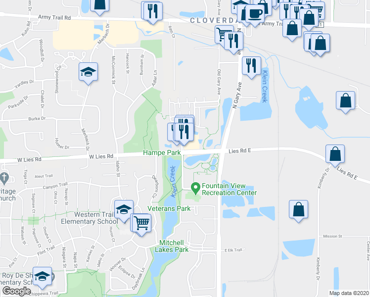map of restaurants, bars, coffee shops, grocery stores, and more near 1021 Lies Road Trail in Carol Stream