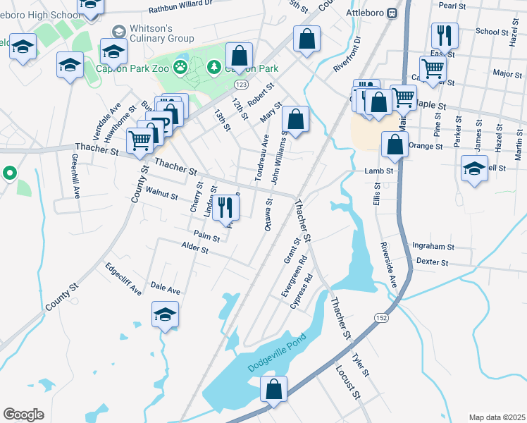 map of restaurants, bars, coffee shops, grocery stores, and more near 73 Branch Avenue in Attleboro