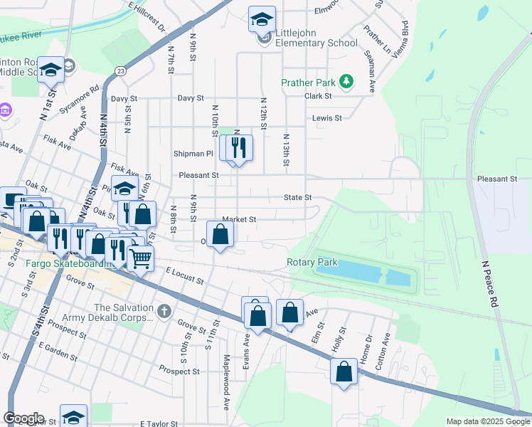 map of restaurants, bars, coffee shops, grocery stores, and more near 1169 Market Street in DeKalb