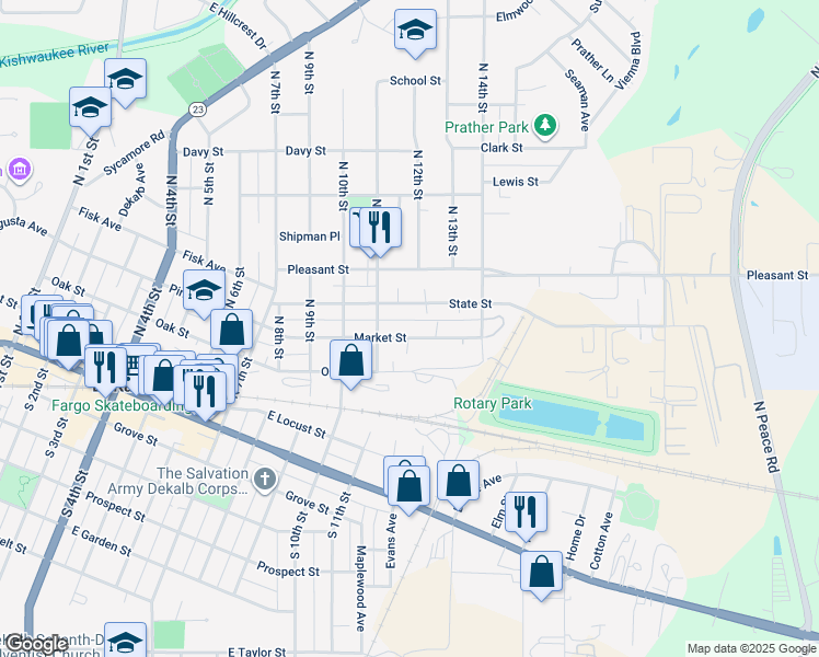 map of restaurants, bars, coffee shops, grocery stores, and more near 1133 Market Street in DeKalb