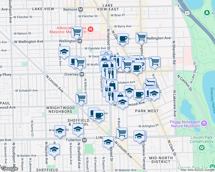 map of restaurants, bars, coffee shops, grocery stores, and more near in Chicago