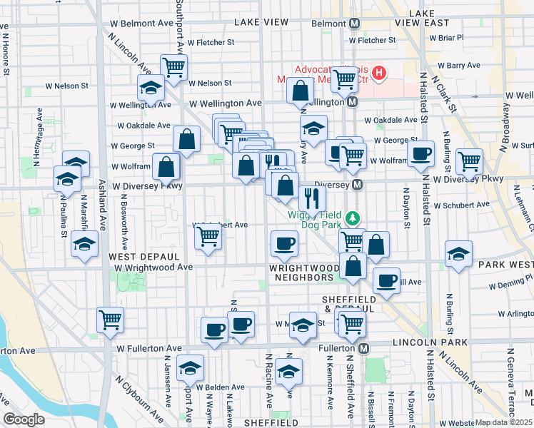 map of restaurants, bars, coffee shops, grocery stores, and more near 2707b North Racine Avenue in Chicago