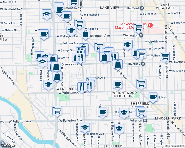 map of restaurants, bars, coffee shops, grocery stores, and more near 1304 West Schubert Avenue in Chicago