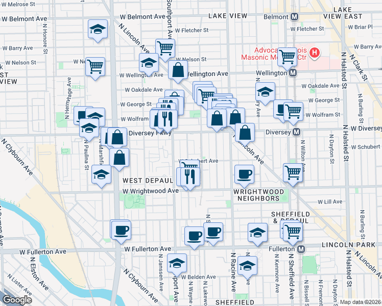 map of restaurants, bars, coffee shops, grocery stores, and more near 1304 West Schubert Avenue in Chicago