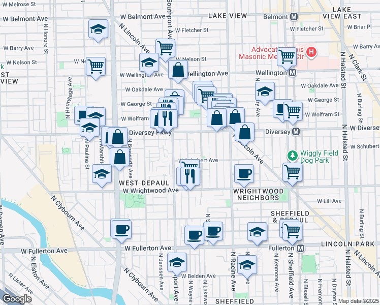 map of restaurants, bars, coffee shops, grocery stores, and more near 1304 West Schubert Avenue in Chicago