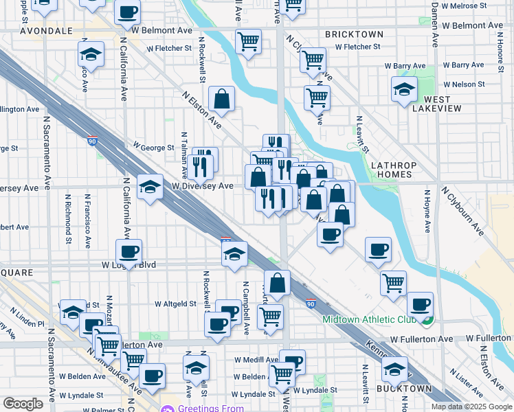 map of restaurants, bars, coffee shops, grocery stores, and more near 2721 North Campbell Avenue in Chicago