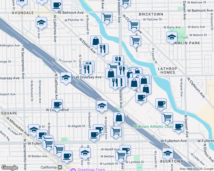 map of restaurants, bars, coffee shops, grocery stores, and more near 2721 North Campbell Avenue in Chicago