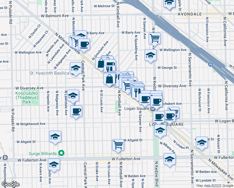 map of restaurants, bars, coffee shops, grocery stores, and more near 3407 West Parker Avenue in Chicago