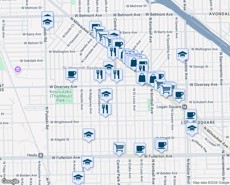 map of restaurants, bars, coffee shops, grocery stores, and more near 2729 North Central Park Avenue in Chicago