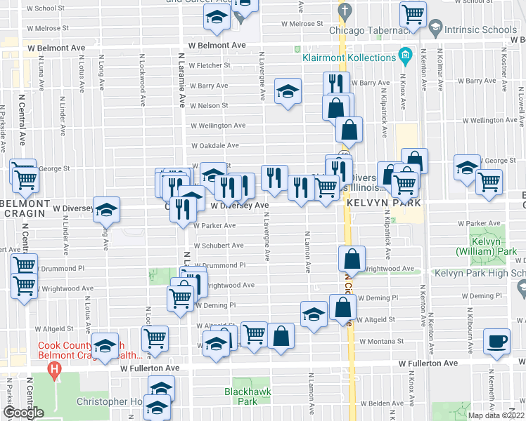 map of restaurants, bars, coffee shops, grocery stores, and more near 2747 North Lavergne Avenue in Chicago