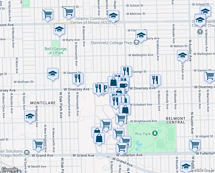 map of restaurants, bars, coffee shops, grocery stores, and more near 6520 West Diversey Avenue in Chicago