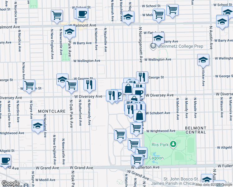 map of restaurants, bars, coffee shops, grocery stores, and more near 6520 West Diversey Avenue in Chicago